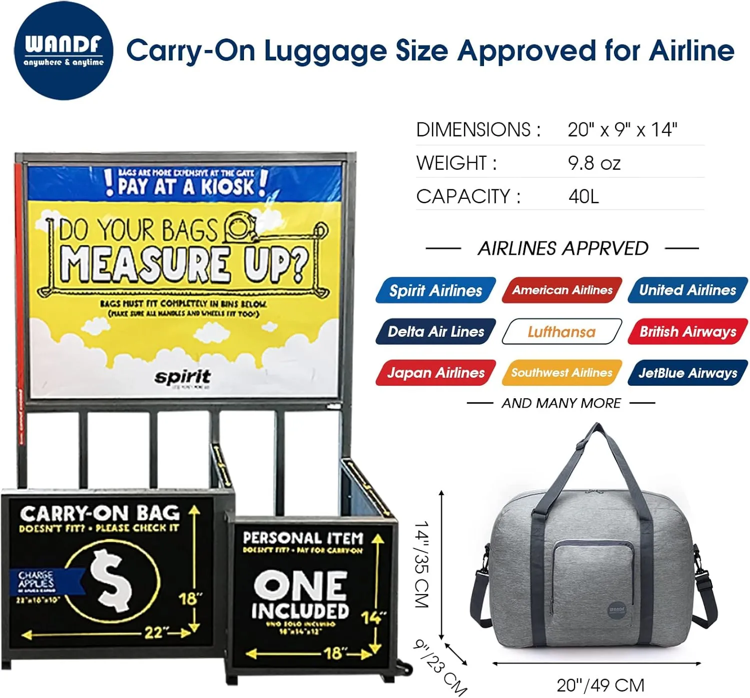 WANDF For Spirit Airlines Personal Item Bag 18x14x8 Foldable Travel Duffel Carry on Weekender Overnight for Women Men