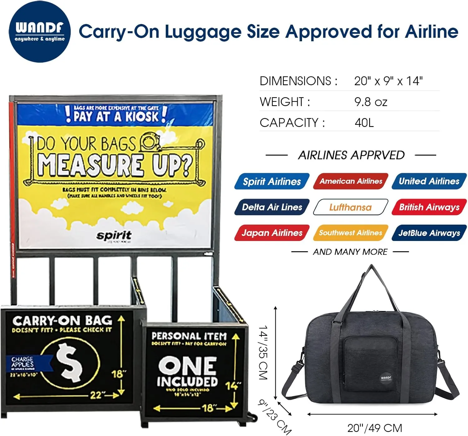 WANDF For Spirit Airlines Personal Item Bag 18x14x8 Foldable Travel Duffel Carry on Weekender Overnight for Women Men