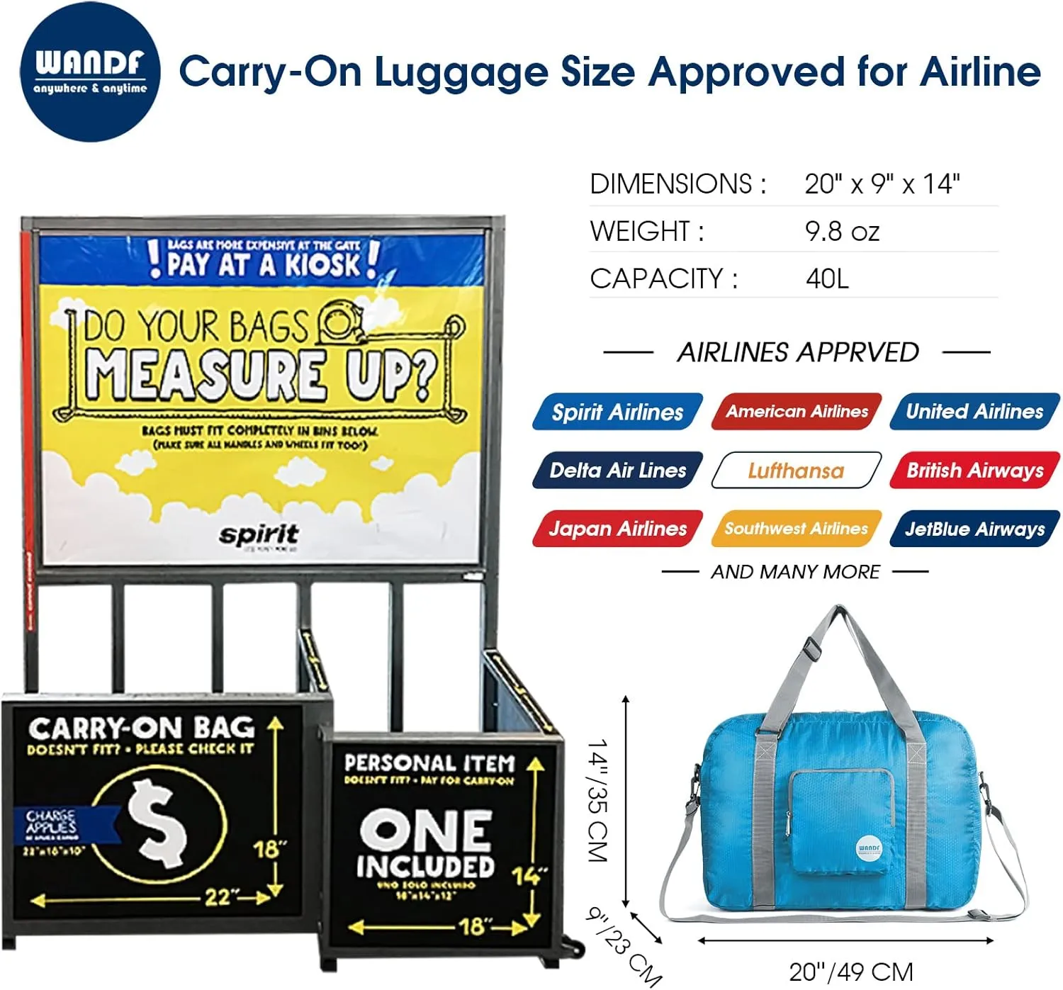 WANDF For Spirit Airlines Personal Item Bag 18x14x8 Foldable Travel Duffel Carry on Weekender Overnight for Women Men