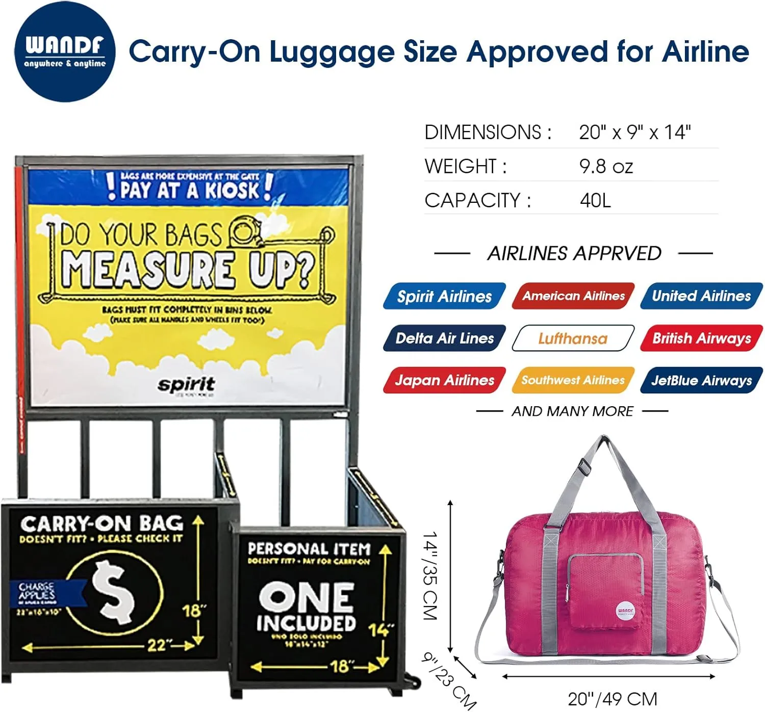 WANDF For Spirit Airlines Personal Item Bag 18x14x8 Foldable Travel Duffel Carry on Weekender Overnight for Women Men