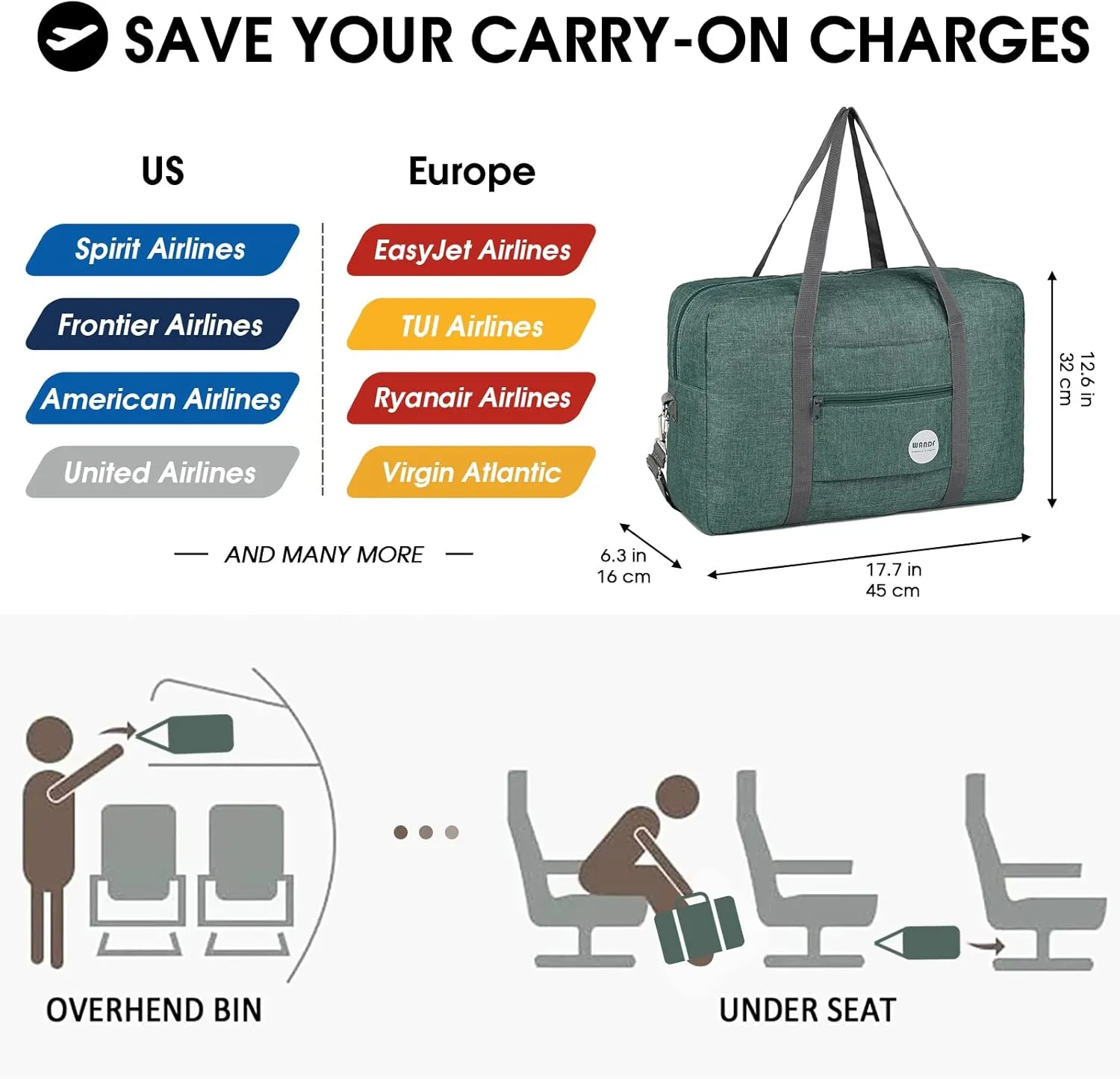 WANDF For Spirit Airlines Personal Item Bag 18x14x8 Travel Duffel Bag Underseat Foldable Carry-on Luggage for Women