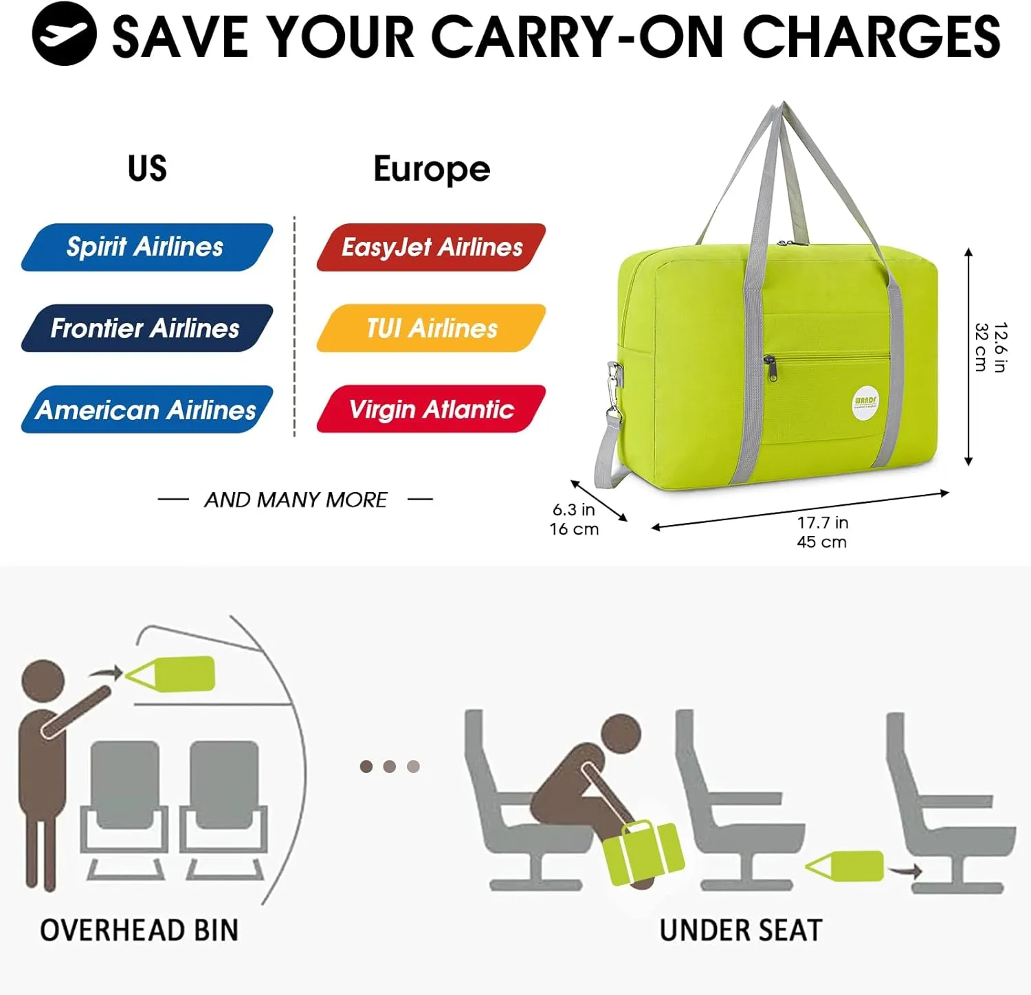 WANDF For Spirit Airlines Personal Item Bag 18x14x8 Travel Duffel Bag Underseat Foldable Carry-on Luggage for Women