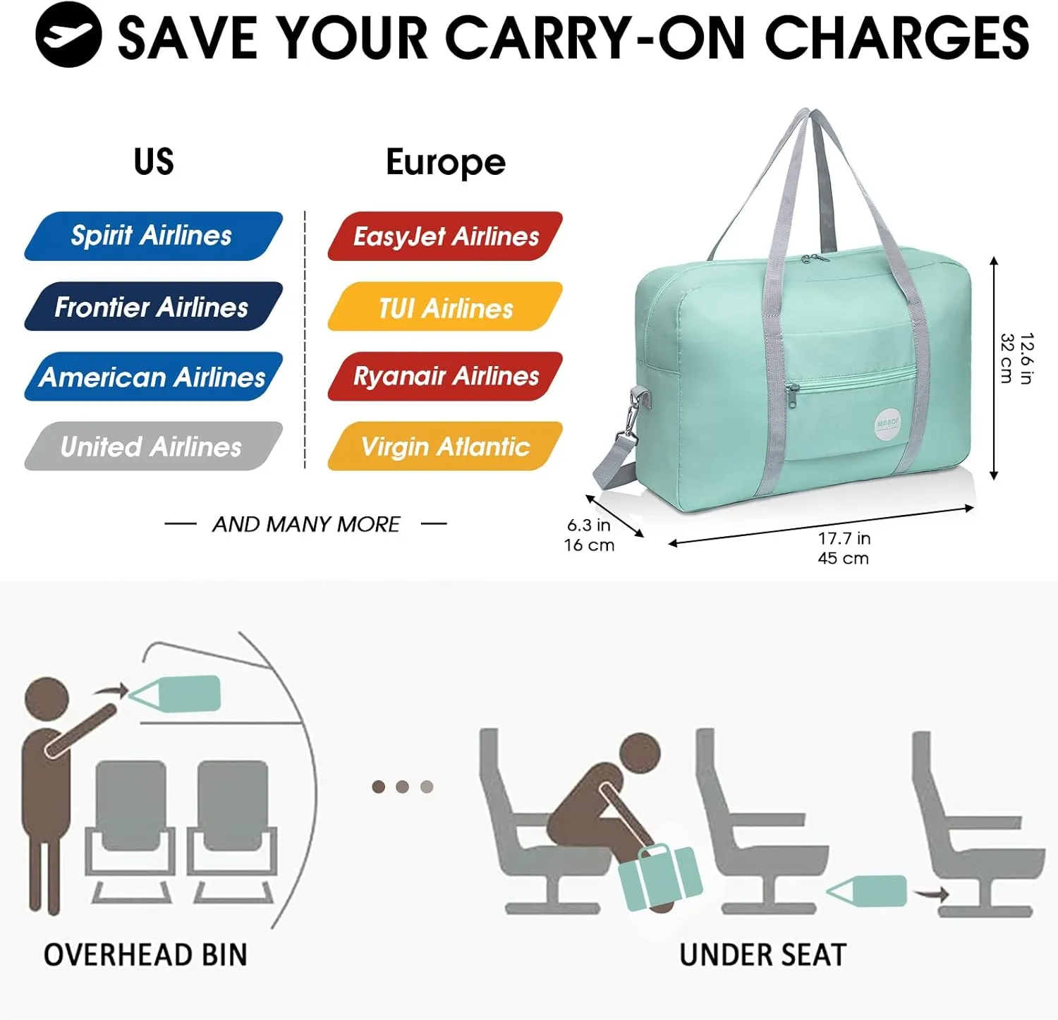 WANDF For Spirit Airlines Personal Item Bag 18x14x8 Travel Duffel Bag Underseat Foldable Carry-on Luggage for Women