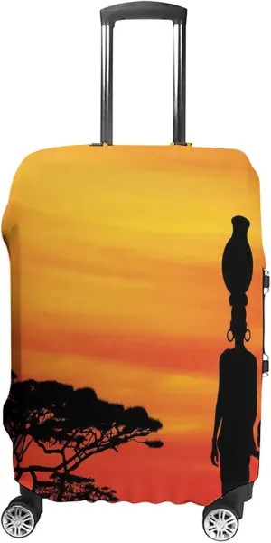 Washable Luggage Cover, African Woman Elastic Travel Luggage Cover, Rural Countryside Landscape Mother Child at Sunset, Fits 22-24 Inch Luggage, Great For Vacation Travel, Yellow Scarlet Black