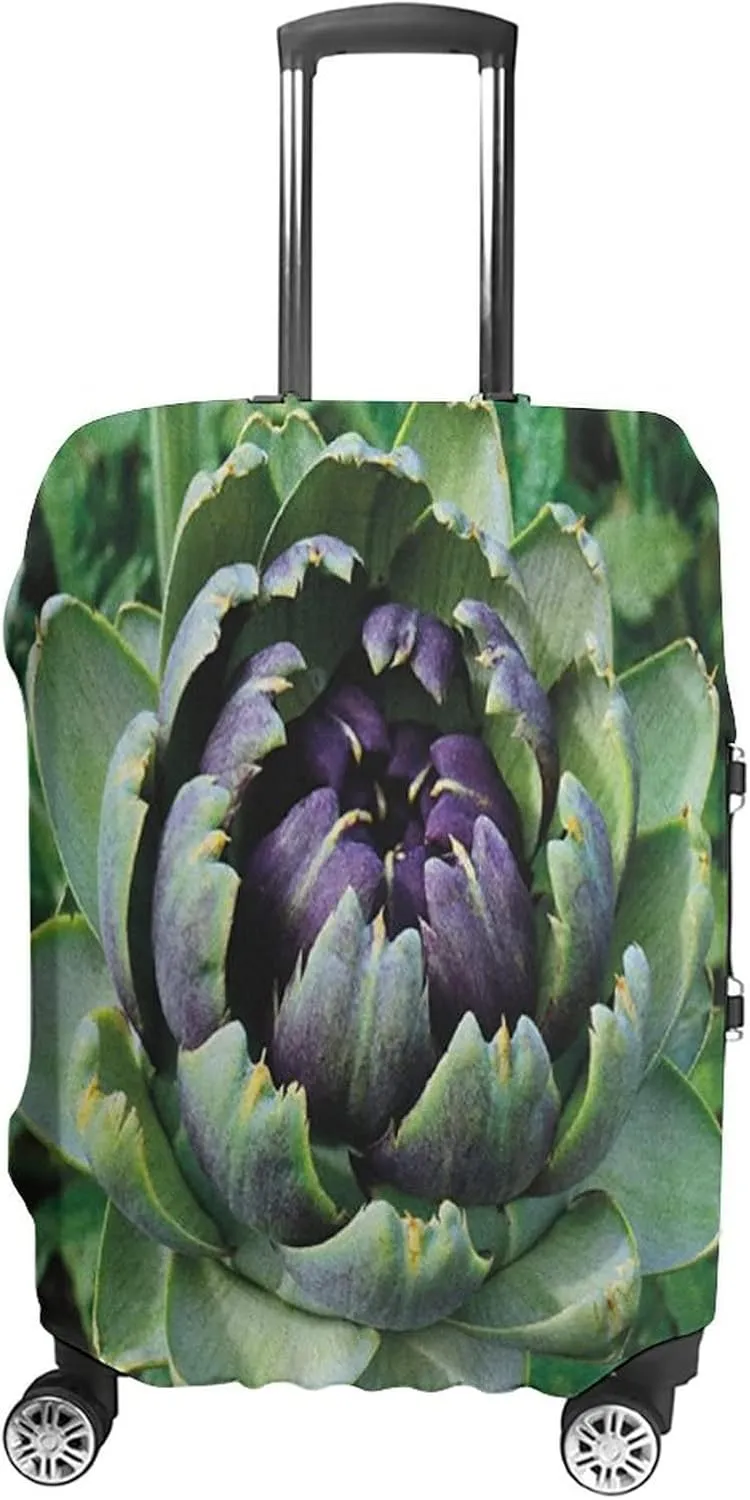 Washable Luggage Cover, Artichoke Elastic Travel Luggage Cover, Blooming Vegetable Agriculture Nature Artwork Print, Fits 26-28 Inch Luggage, Great For Vacation Travel, Fern Green and Purple