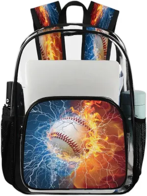 Water Fire Baseball Sports Clear Backpack PVC Waterproof Transparent Backpack Heavy Duty See Through Backpacks with Reinforced Strap for Travel Outdoor Concert Work
