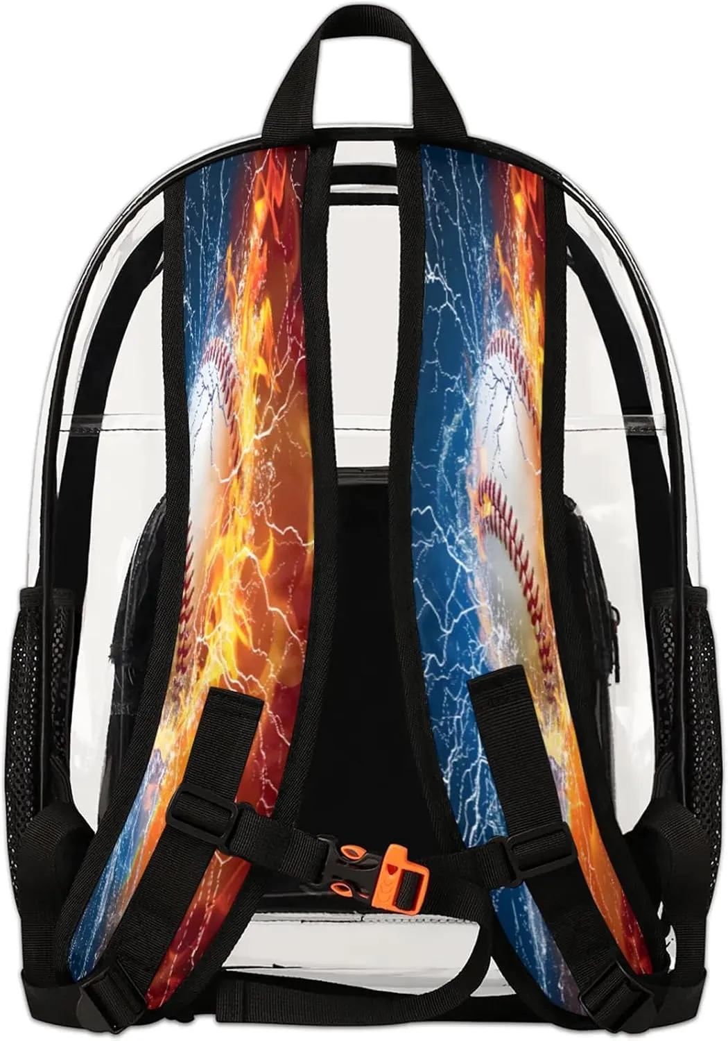 Water Fire Baseball Sports Clear Backpack PVC Waterproof Transparent Backpack Heavy Duty See Through Backpacks with Reinforced Strap for Travel Outdoor Concert Work