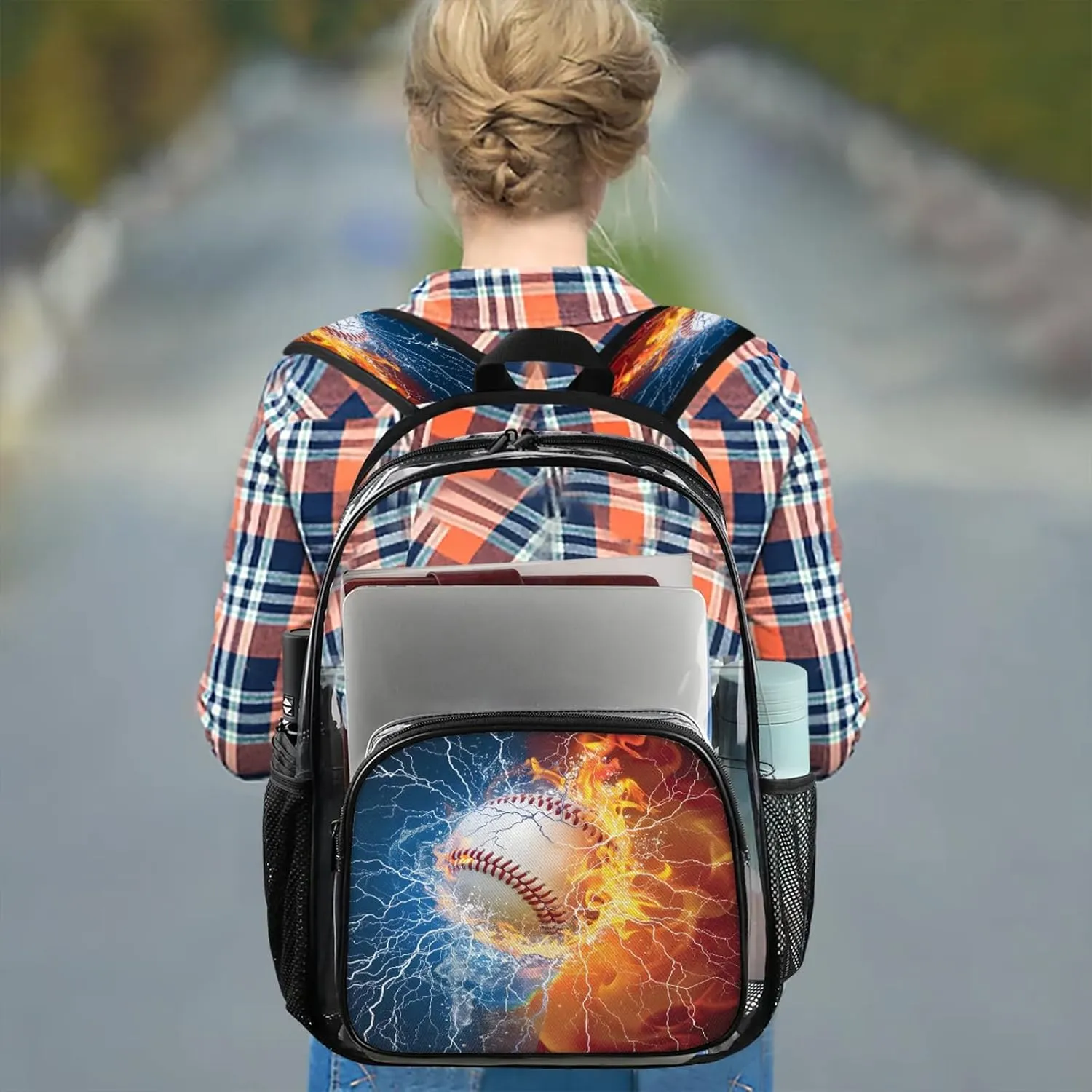 Water Fire Baseball Sports Clear Backpack PVC Waterproof Transparent Backpack Heavy Duty See Through Backpacks with Reinforced Strap for Travel Outdoor Concert Work