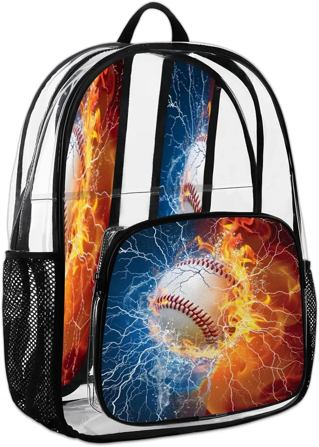 Water Fire Baseball Sports Clear Backpack PVC Waterproof Transparent Backpack Heavy Duty See Through Backpacks with Reinforced Strap for Travel Outdoor Concert Work