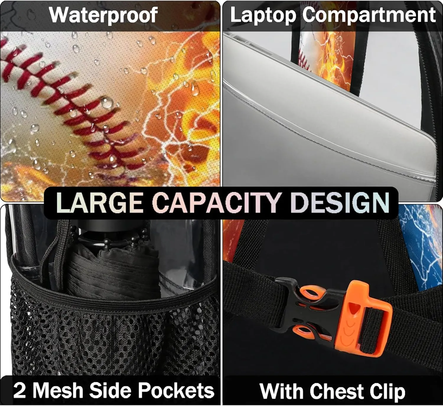Water Fire Baseball Sports Clear Backpack PVC Waterproof Transparent Backpack Heavy Duty See Through Backpacks with Reinforced Strap for Travel Outdoor Concert Work