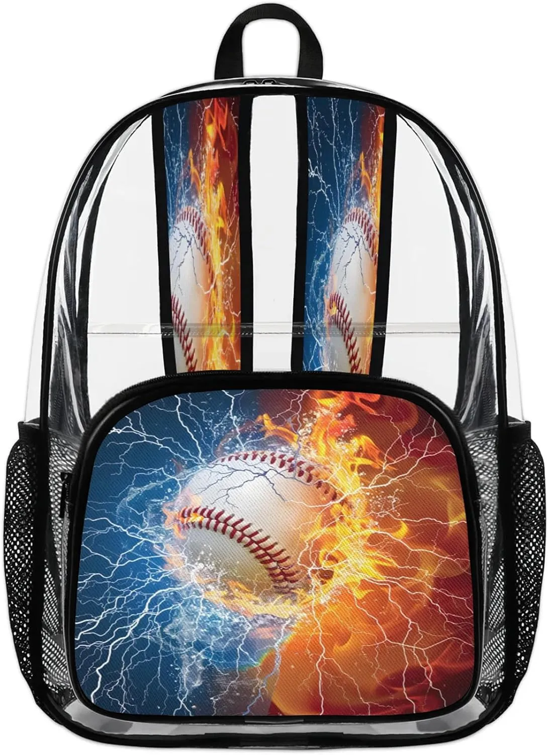Water Fire Baseball Sports Clear Backpack PVC Waterproof Transparent Backpack Heavy Duty See Through Backpacks with Reinforced Strap for Travel Outdoor Concert Work