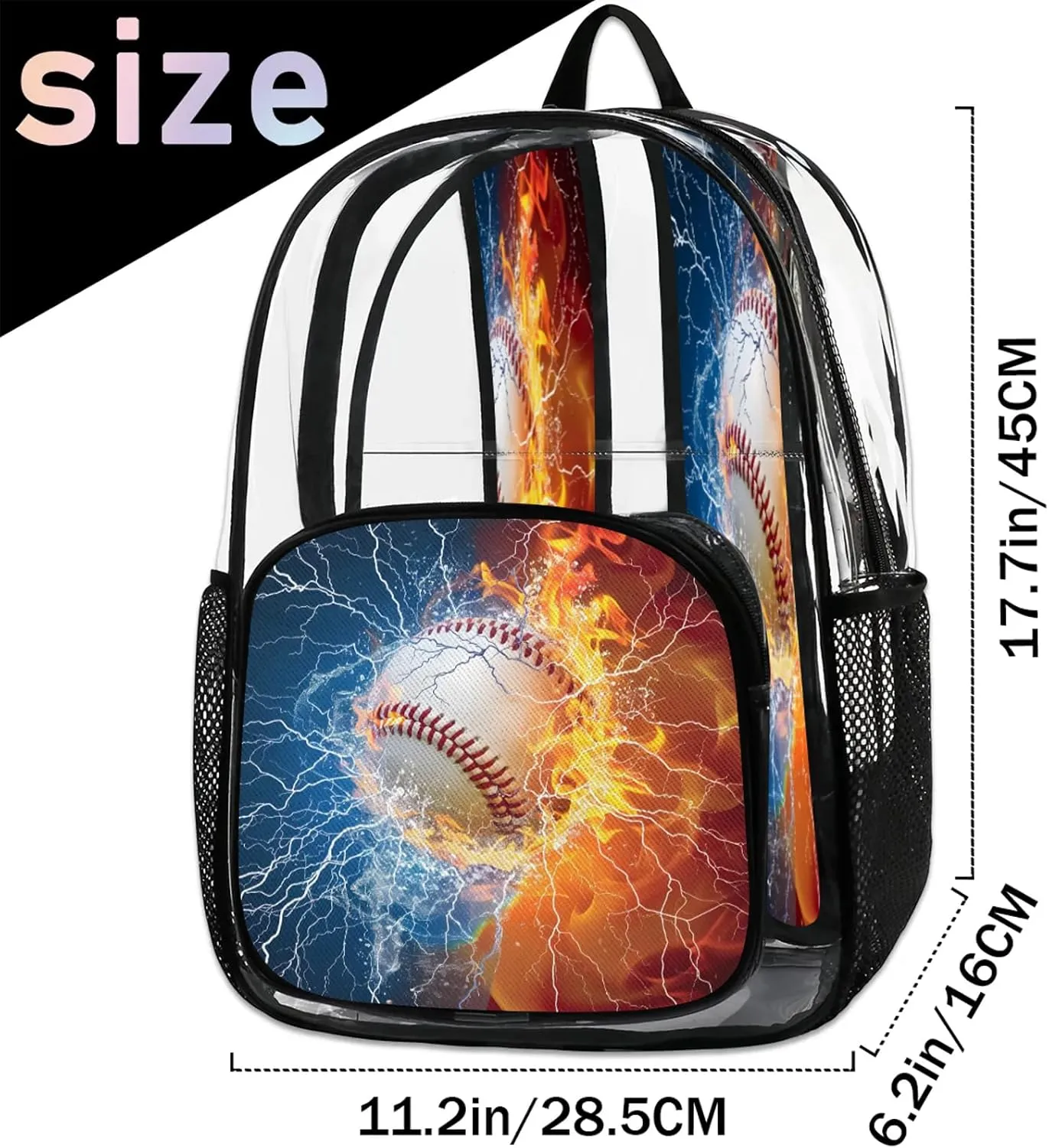 Water Fire Baseball Sports Clear Backpack PVC Waterproof Transparent Backpack Heavy Duty See Through Backpacks with Reinforced Strap for Travel Outdoor Concert Work
