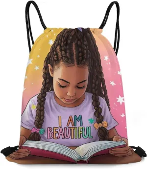 Water Resistant Drawstring Backpacks African American Black Book Art (2) for Beach, Gym, Beach, Travel, Yoga, Party, Outdoor Travel, Gifts Bags for Adults