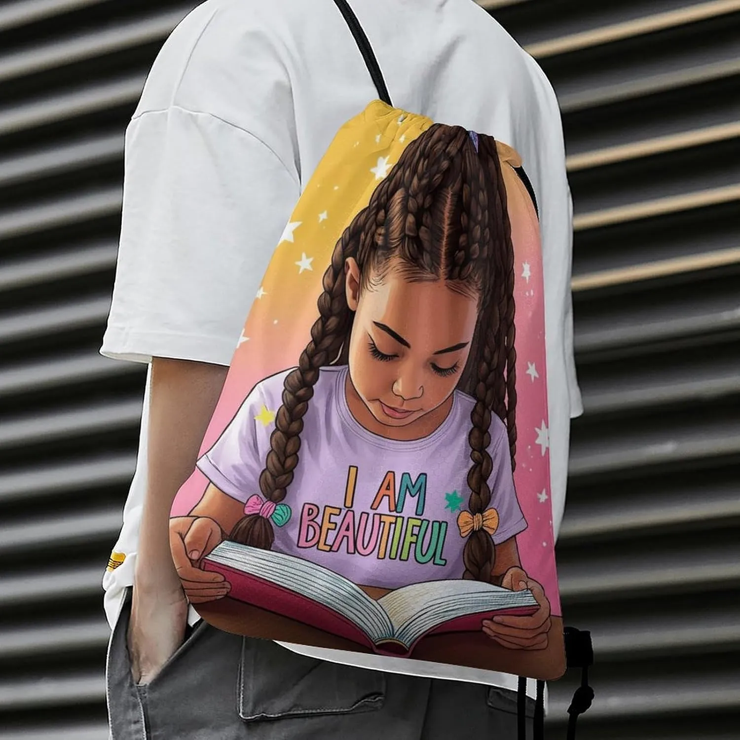 Water Resistant Drawstring Backpacks African American Black Book Art (2) for Beach, Gym, Beach, Travel, Yoga, Party, Outdoor Travel, Gifts Bags for Adults
