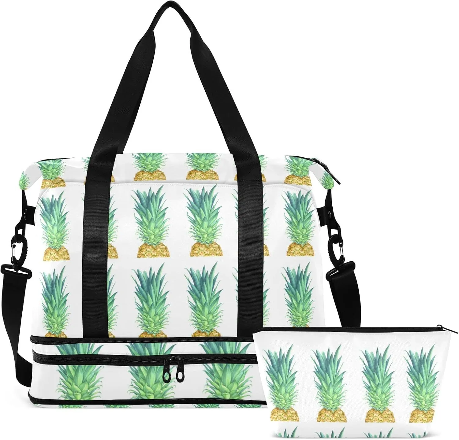 Watercolor Real Yellow Pineapple with Green Leaves on White Foldable Travel Bag, Camping Luggage bag, Portable Gym Bag, Sports Bag, Toiletry Bag with Handles Adjustable Shoulder Strap