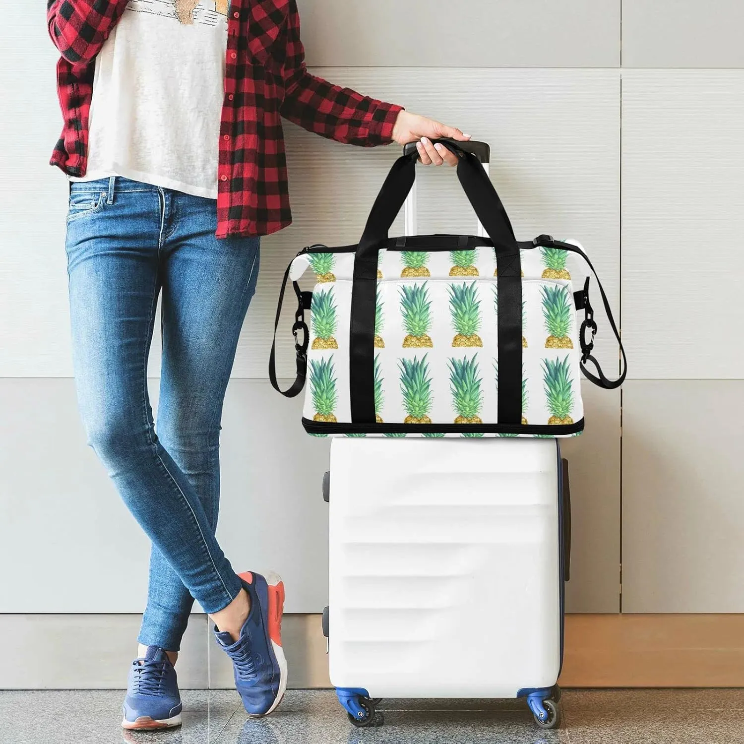 Watercolor Real Yellow Pineapple with Green Leaves on White Foldable Travel Bag, Camping Luggage bag, Portable Gym Bag, Sports Bag, Toiletry Bag with Handles Adjustable Shoulder Strap