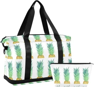 Watercolor Real Yellow Pineapple with Green Leaves on White Foldable Travel Bag, Camping Luggage bag, Portable Gym Bag, Sports Bag, Toiletry Bag with Handles Adjustable Shoulder Strap