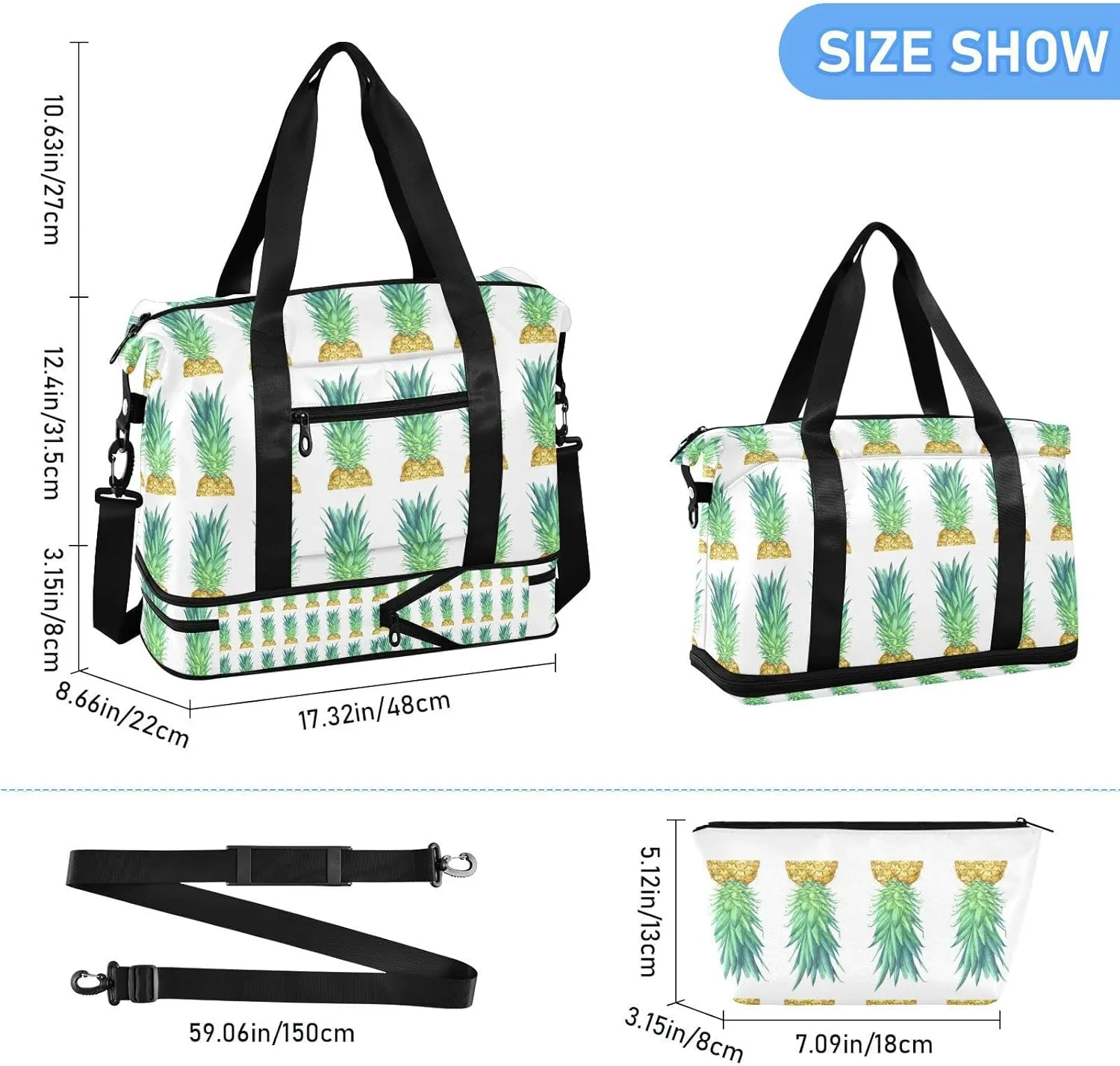 Watercolor Real Yellow Pineapple with Green Leaves on White Foldable Travel Bag, Camping Luggage bag, Portable Gym Bag, Sports Bag, Toiletry Bag with Handles Adjustable Shoulder Strap
