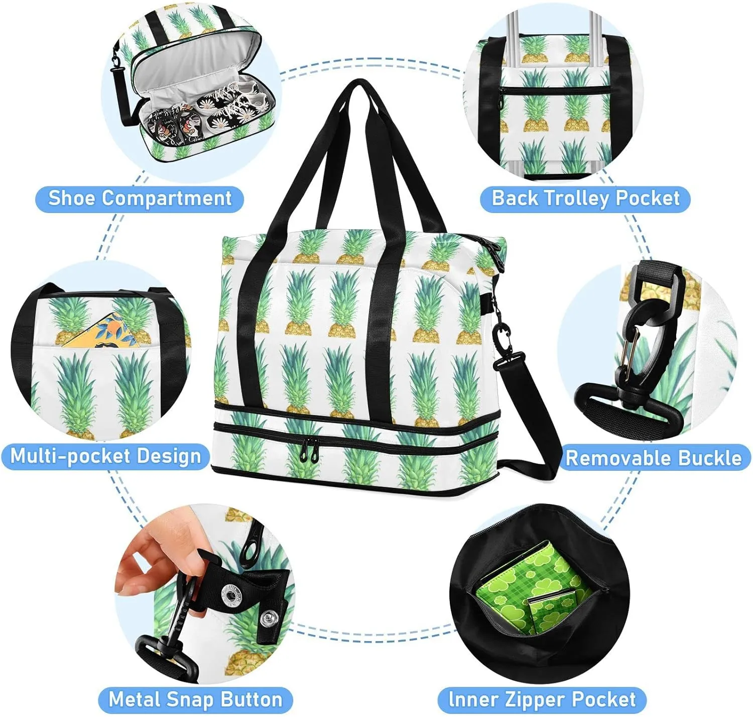 Watercolor Real Yellow Pineapple with Green Leaves on White Foldable Travel Bag, Camping Luggage bag, Portable Gym Bag, Sports Bag, Toiletry Bag with Handles Adjustable Shoulder Strap