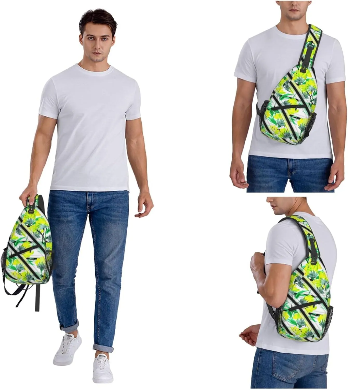 Watercolor Spring Floral Stripe Sling Backpack Crossbody Bag, Chest Bag Daypack for Outdoors Hiking Traveling