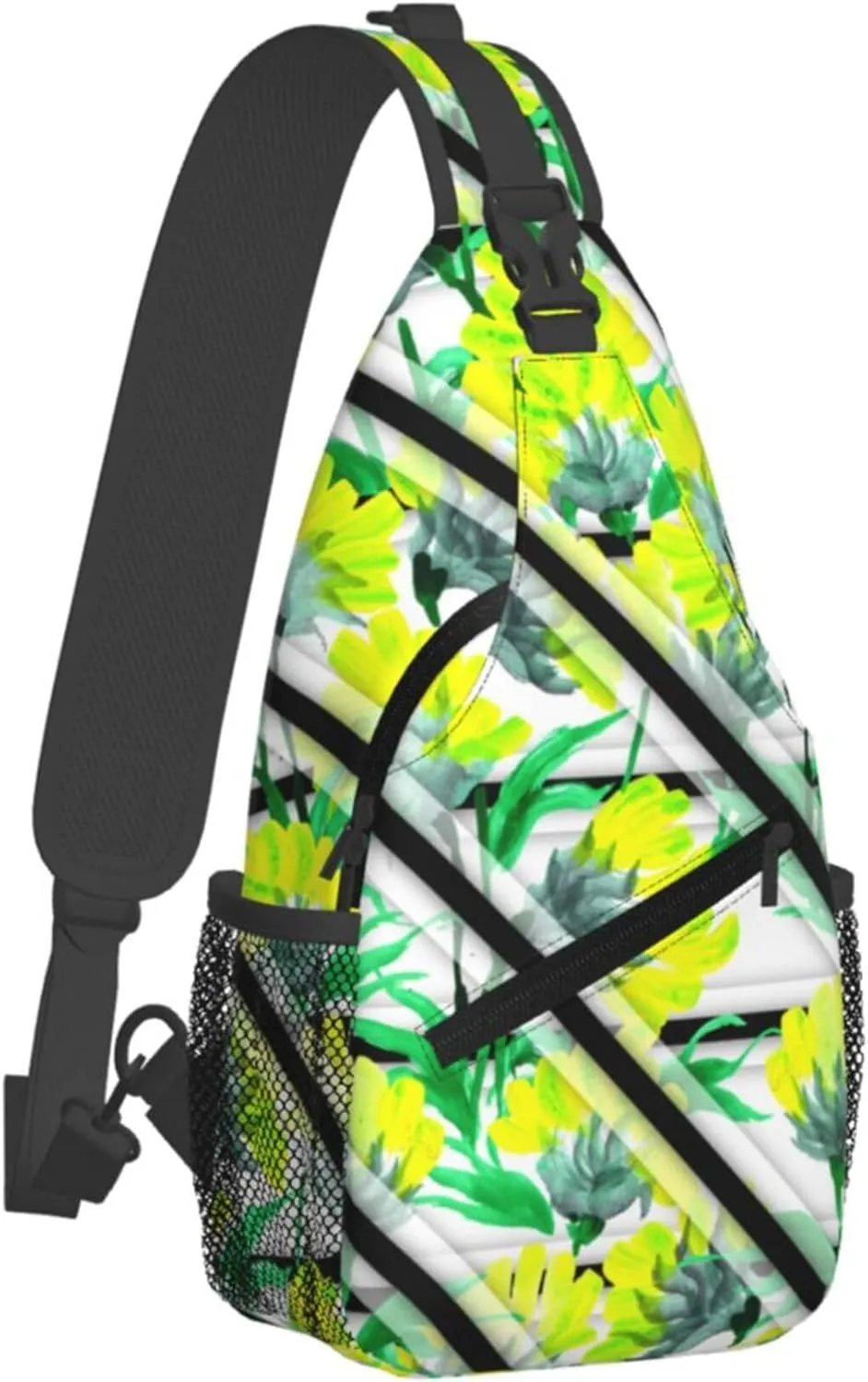 Watercolor Spring Floral Stripe Sling Backpack Crossbody Bag, Chest Bag Daypack for Outdoors Hiking Traveling