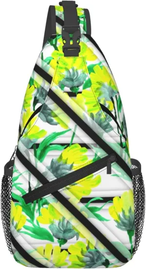 Watercolor Spring Floral Stripe Sling Backpack Crossbody Bag, Chest Bag Daypack for Outdoors Hiking Traveling