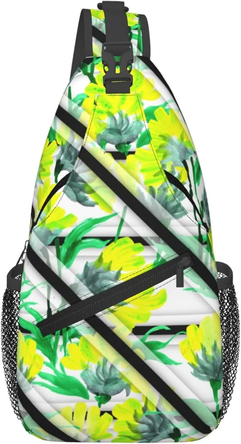 Watercolor Spring Floral Stripe Sling Backpack Crossbody Bag, Chest Bag Daypack for Outdoors Hiking Traveling