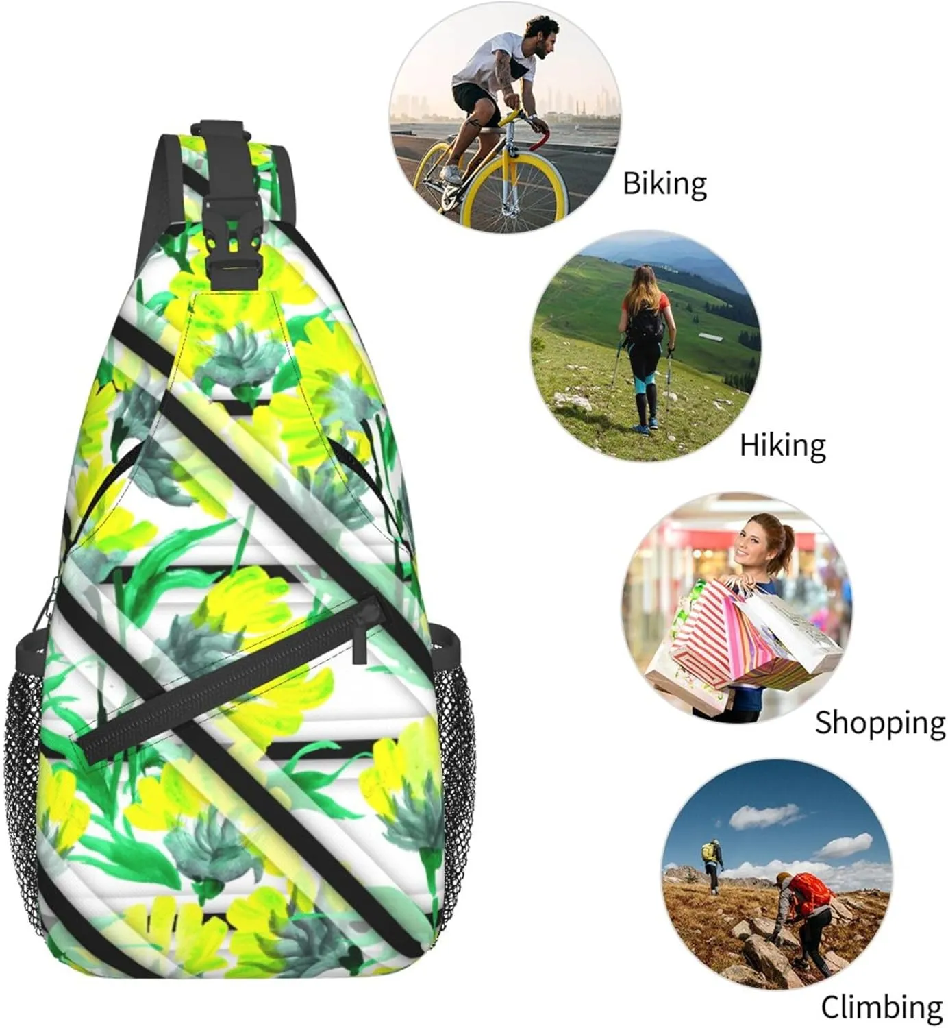 Watercolor Spring Floral Stripe Sling Backpack Crossbody Bag, Chest Bag Daypack for Outdoors Hiking Traveling