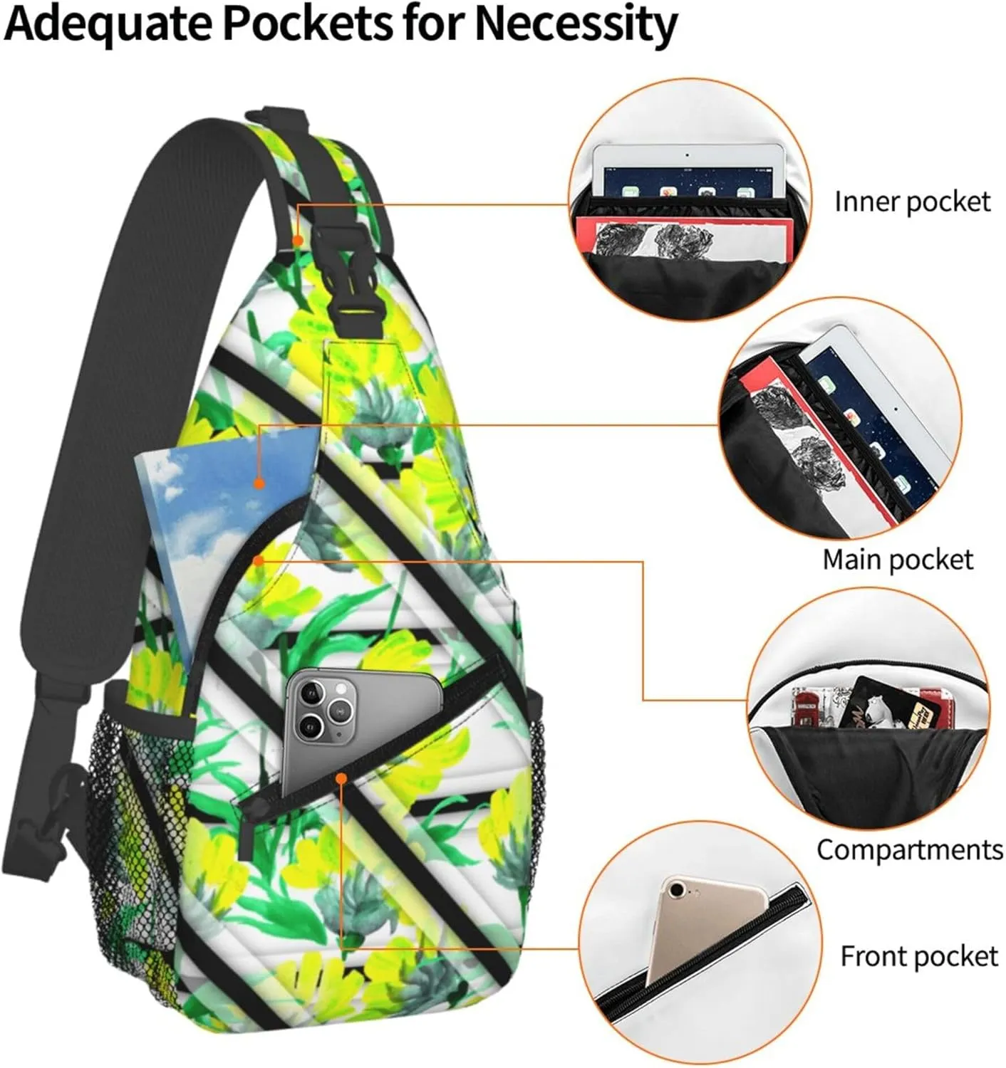 Watercolor Spring Floral Stripe Sling Backpack Crossbody Bag, Chest Bag Daypack for Outdoors Hiking Traveling