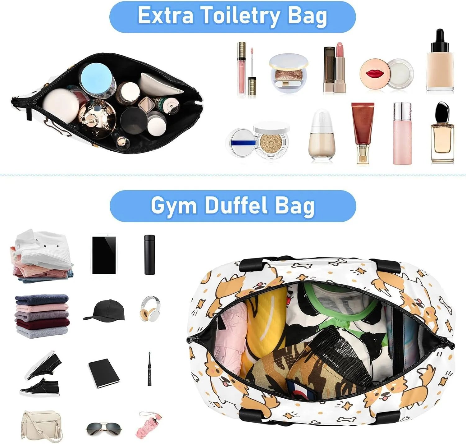 Welsh Corgi Dog Breed Foldable Travel Bag, Camping Luggage bag, Portable Gym Bag, Sports Bag, Toiletry Bag with Handles Adjustable Shoulder Strap