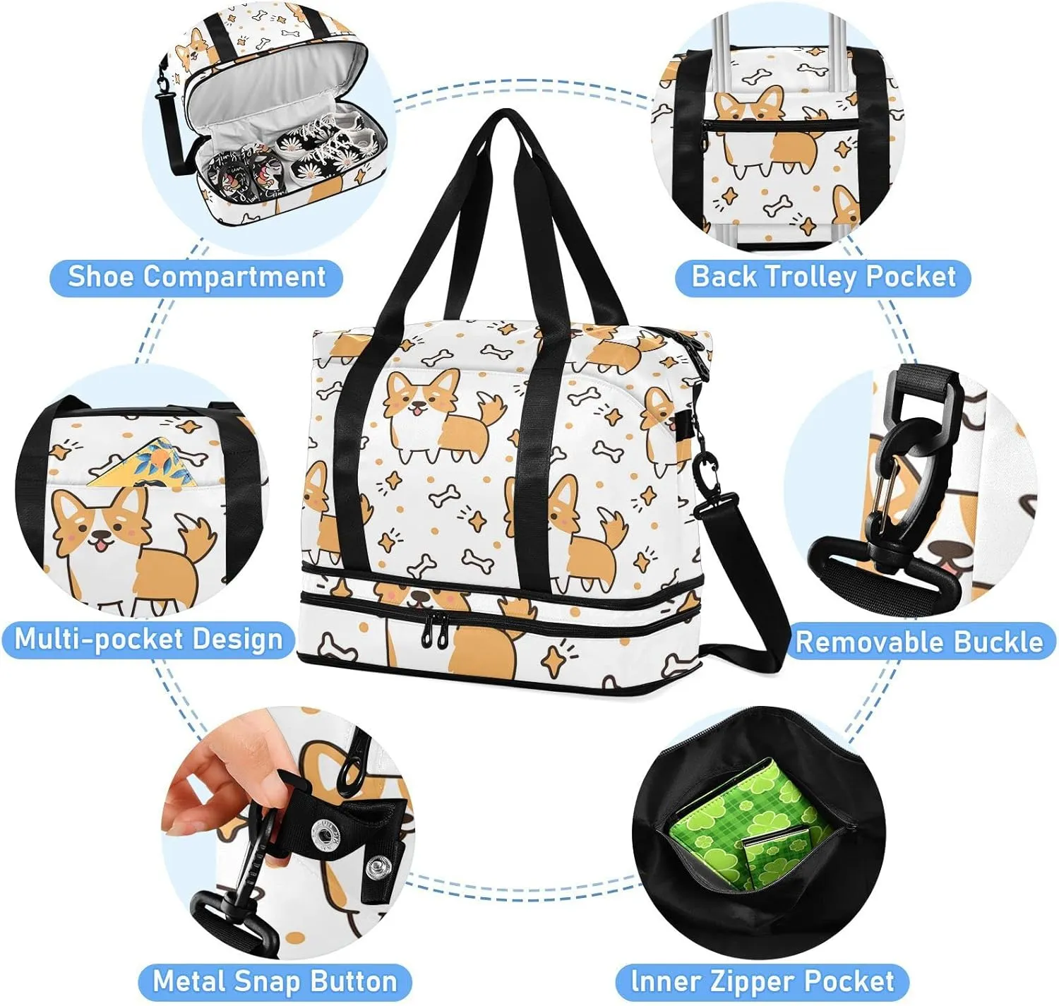 Welsh Corgi Dog Breed Foldable Travel Bag, Camping Luggage bag, Portable Gym Bag, Sports Bag, Toiletry Bag with Handles Adjustable Shoulder Strap