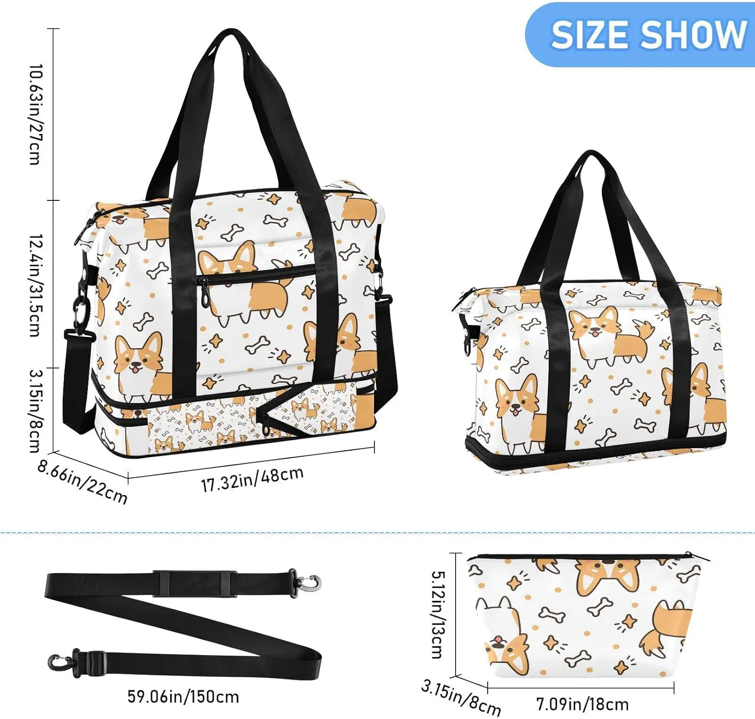 Welsh Corgi Dog Breed Foldable Travel Bag, Camping Luggage bag, Portable Gym Bag, Sports Bag, Toiletry Bag with Handles Adjustable Shoulder Strap