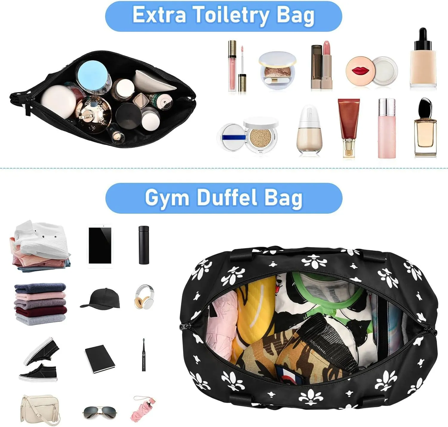 White Black Fleur De Lis Foldable Travel Bag, Camping Luggage bag, Portable Gym Bag, Sports Bag, Toiletry Bag with Handles Adjustable Shoulder Strap