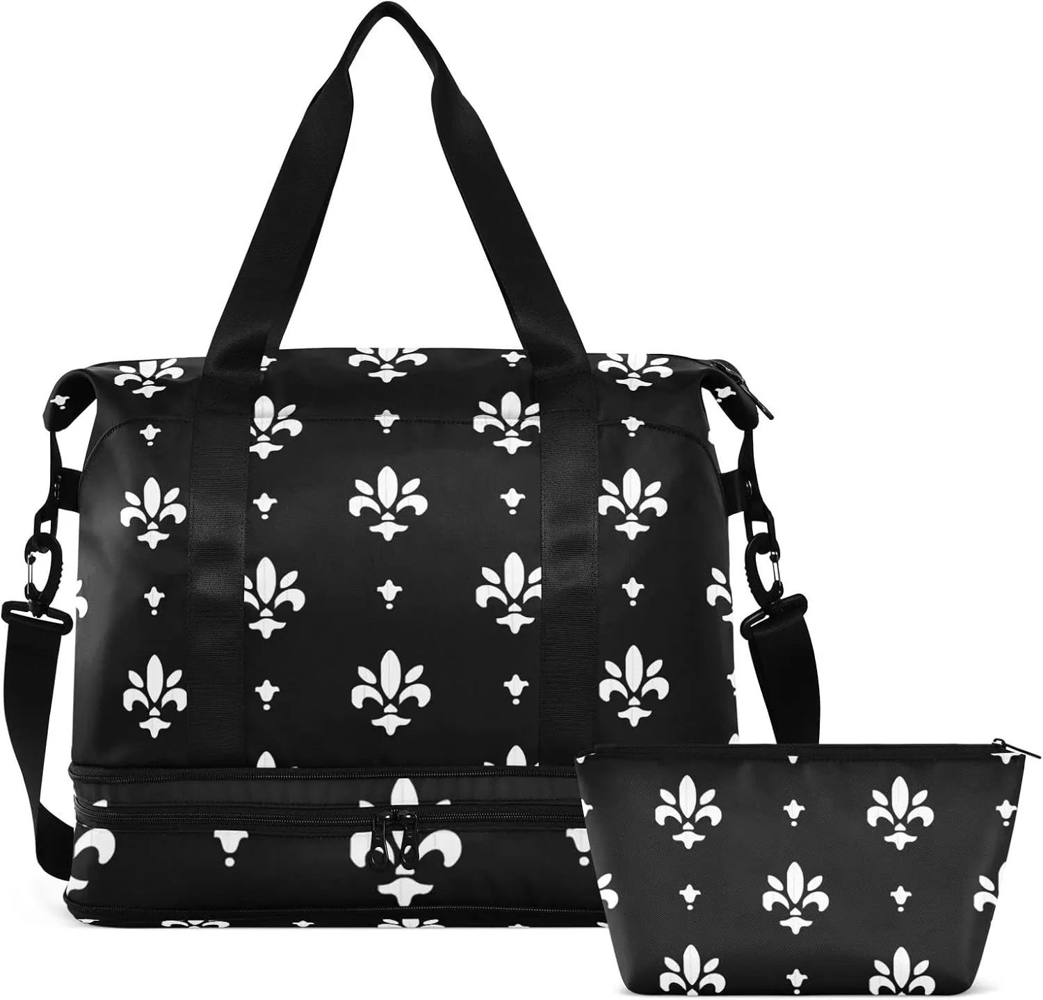 White Black Fleur De Lis Foldable Travel Bag, Camping Luggage bag, Portable Gym Bag, Sports Bag, Toiletry Bag with Handles Adjustable Shoulder Strap