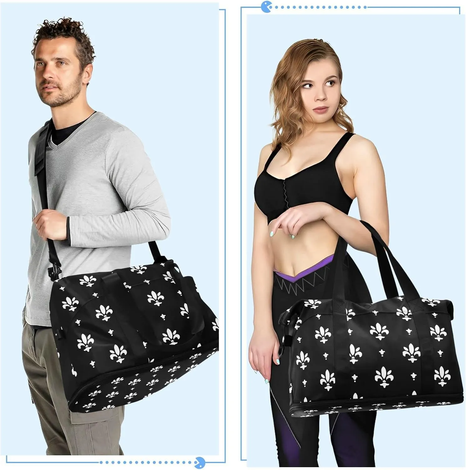 White Black Fleur De Lis Foldable Travel Bag, Camping Luggage bag, Portable Gym Bag, Sports Bag, Toiletry Bag with Handles Adjustable Shoulder Strap