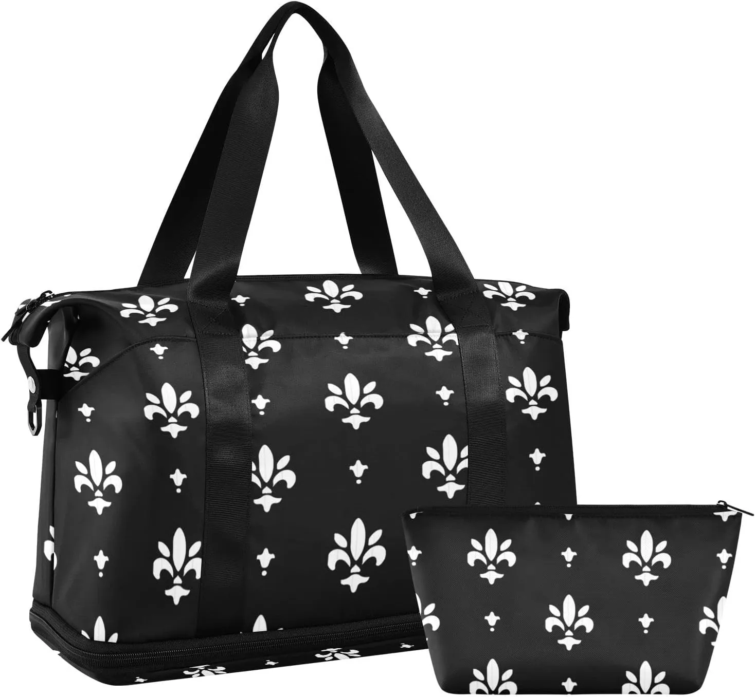 White Black Fleur De Lis Foldable Travel Bag, Camping Luggage bag, Portable Gym Bag, Sports Bag, Toiletry Bag with Handles Adjustable Shoulder Strap