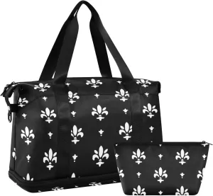 White Black Fleur De Lis Foldable Travel Bag, Camping Luggage bag, Portable Gym Bag, Sports Bag, Toiletry Bag with Handles Adjustable Shoulder Strap