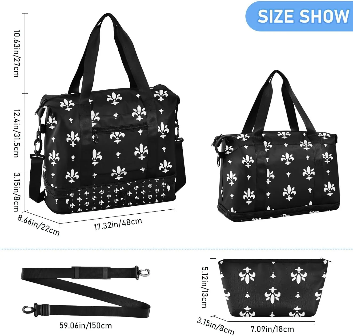 White Black Fleur De Lis Foldable Travel Bag, Camping Luggage bag, Portable Gym Bag, Sports Bag, Toiletry Bag with Handles Adjustable Shoulder Strap