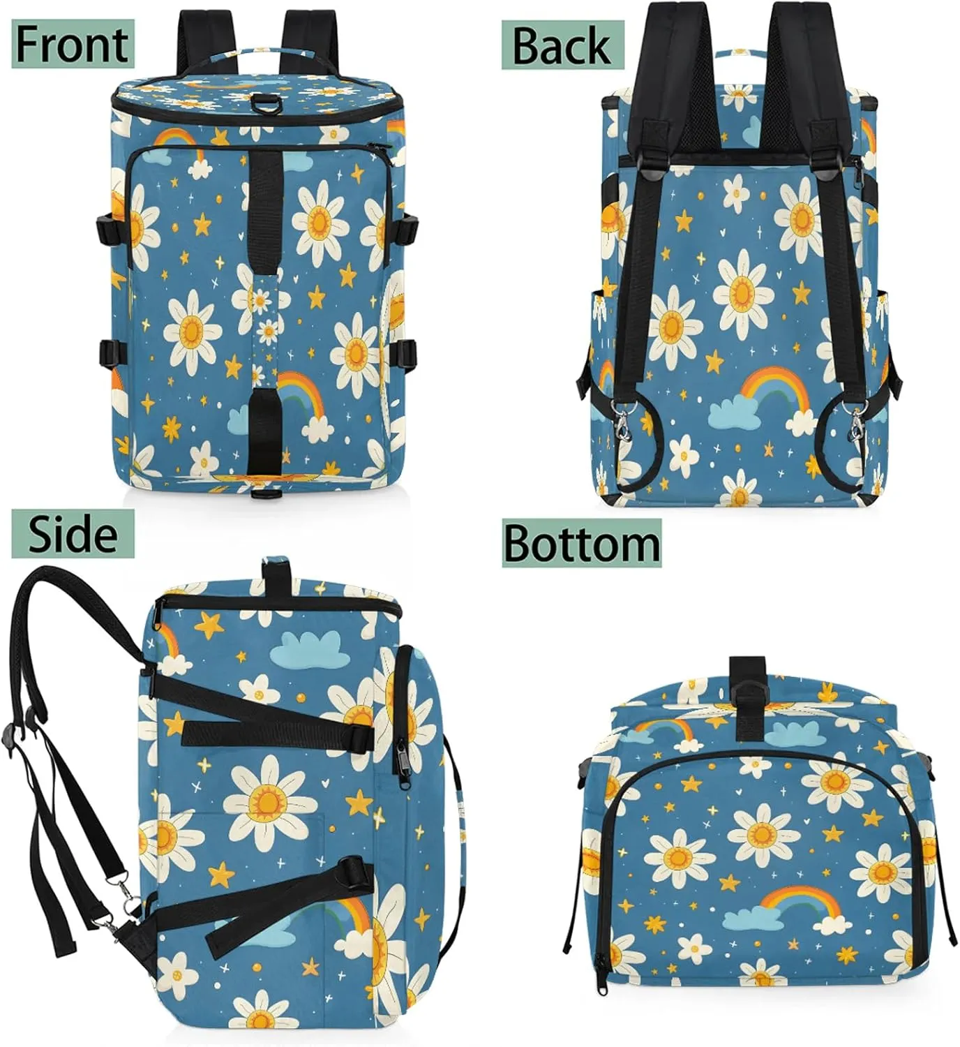 White Daisy Floral Gym Bags for Men Women Flower Rainbow with Blue Sports Backpack with Shoe Compartment 3-in-1 Tactical Duffle Bag for Overnight Weekender Travel