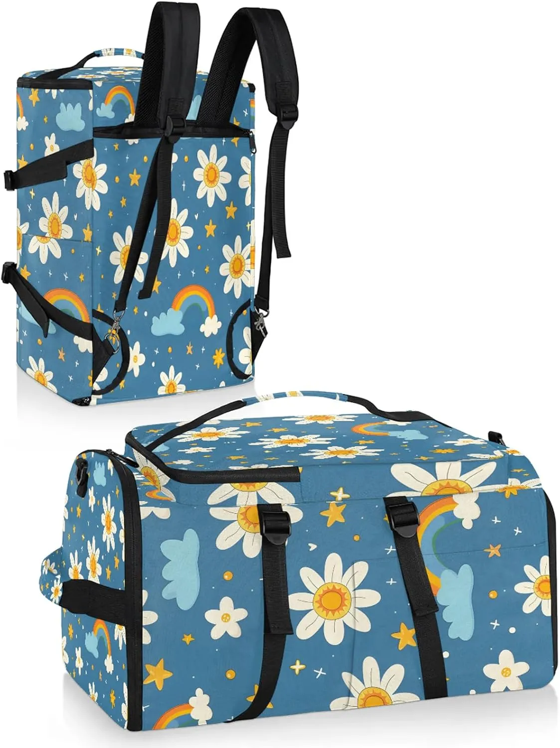 White Daisy Floral Gym Bags for Men Women Flower Rainbow with Blue Sports Backpack with Shoe Compartment 3-in-1 Tactical Duffle Bag for Overnight Weekender Travel