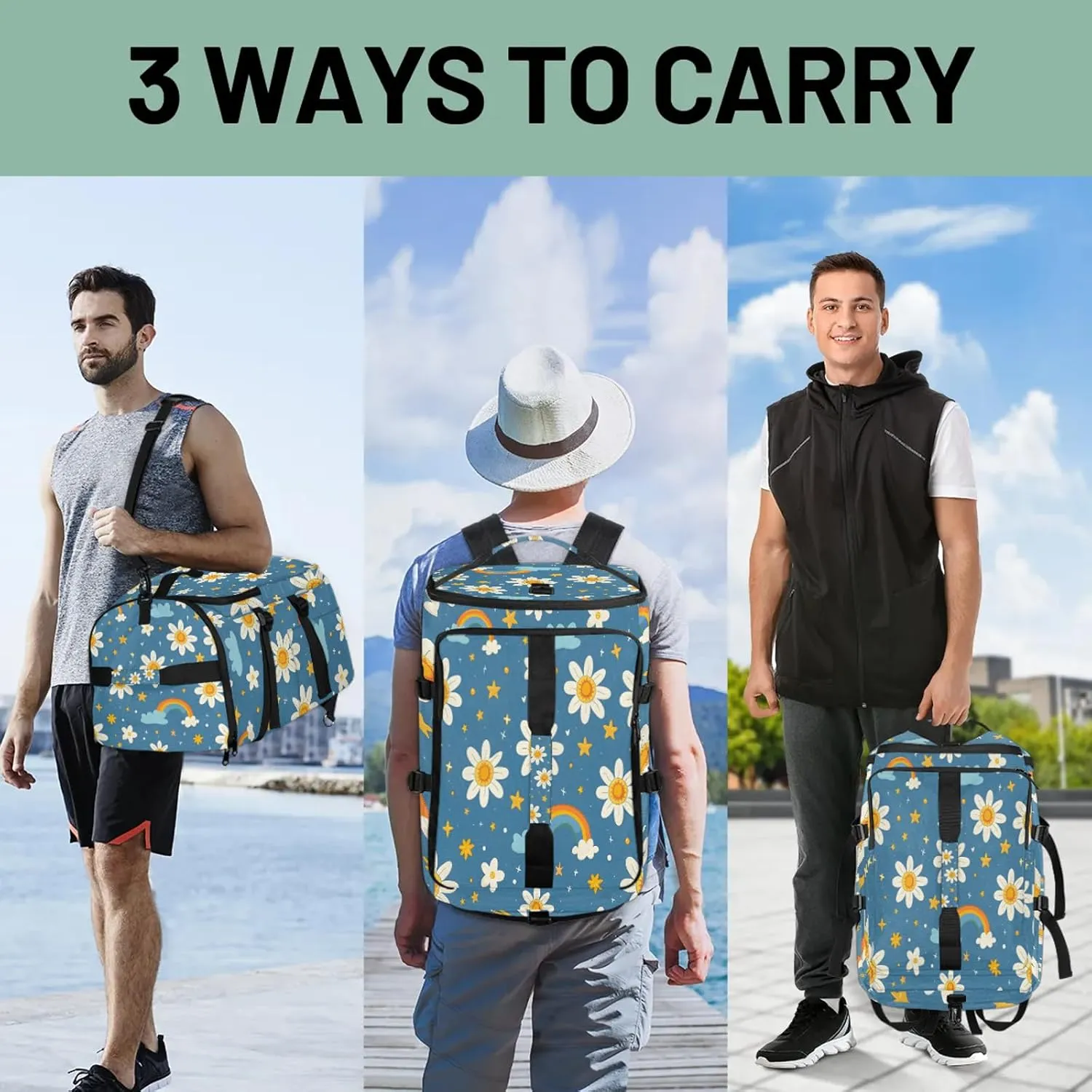 White Daisy Floral Gym Bags for Men Women Flower Rainbow with Blue Sports Backpack with Shoe Compartment 3-in-1 Tactical Duffle Bag for Overnight Weekender Travel
