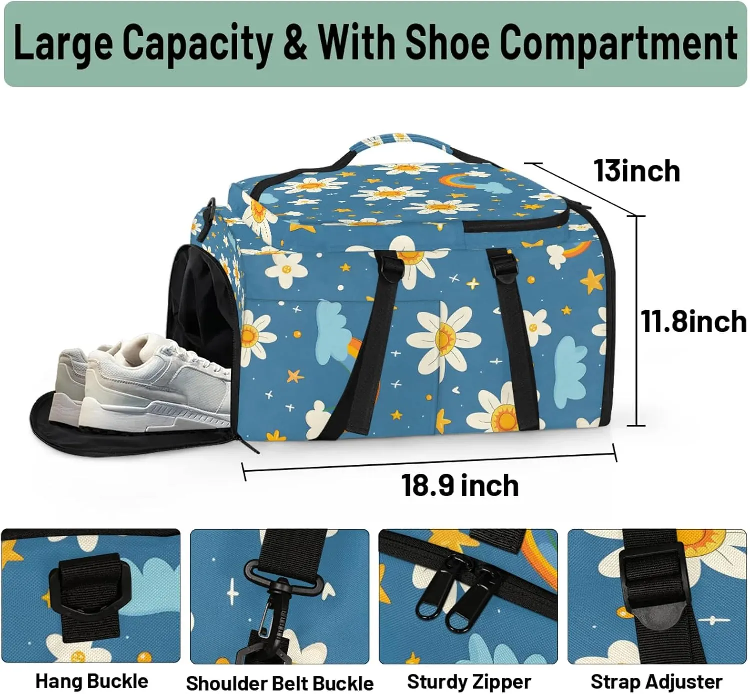 White Daisy Floral Gym Bags for Men Women Flower Rainbow with Blue Sports Backpack with Shoe Compartment 3-in-1 Tactical Duffle Bag for Overnight Weekender Travel
