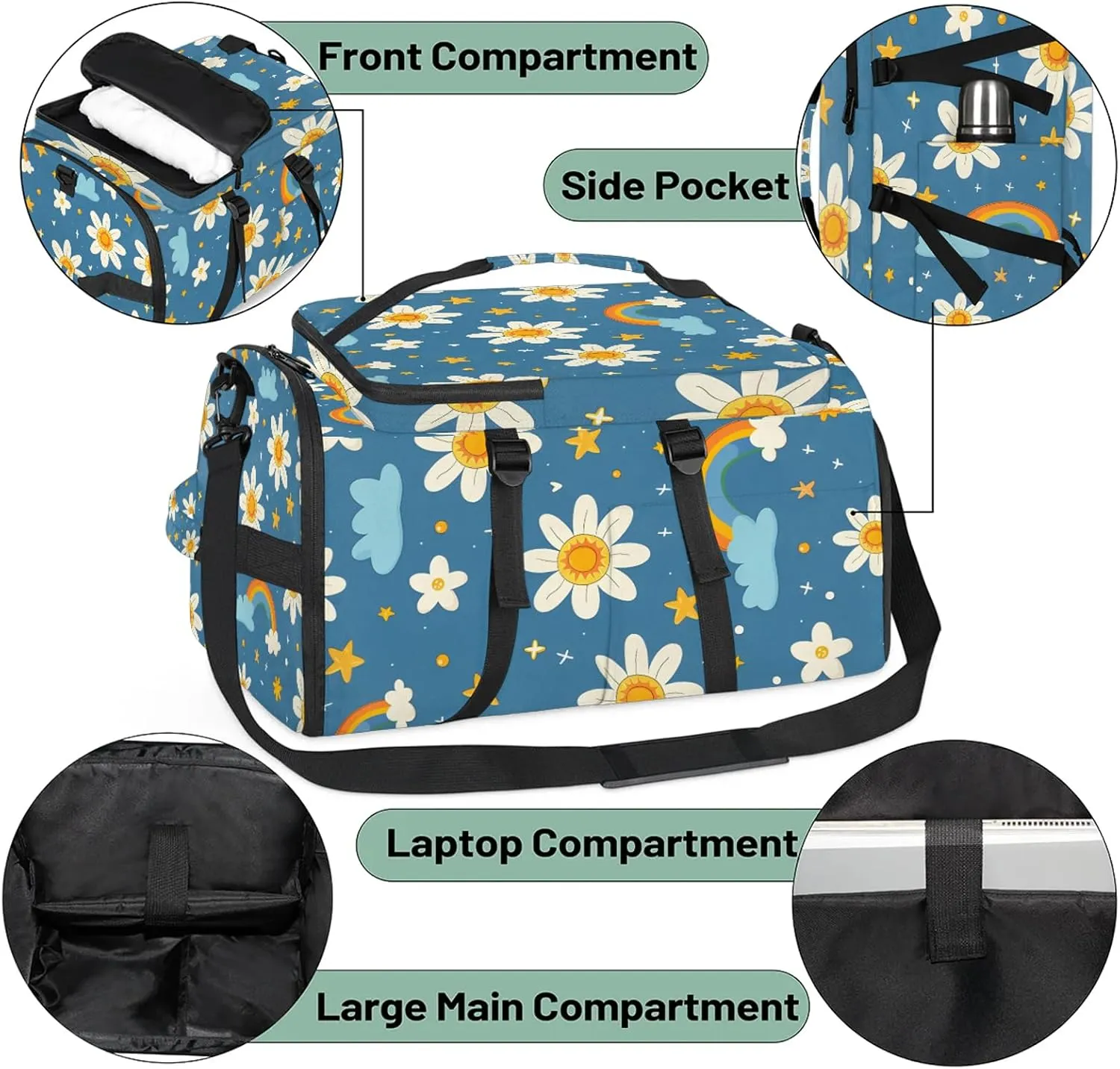 White Daisy Floral Gym Bags for Men Women Flower Rainbow with Blue Sports Backpack with Shoe Compartment 3-in-1 Tactical Duffle Bag for Overnight Weekender Travel