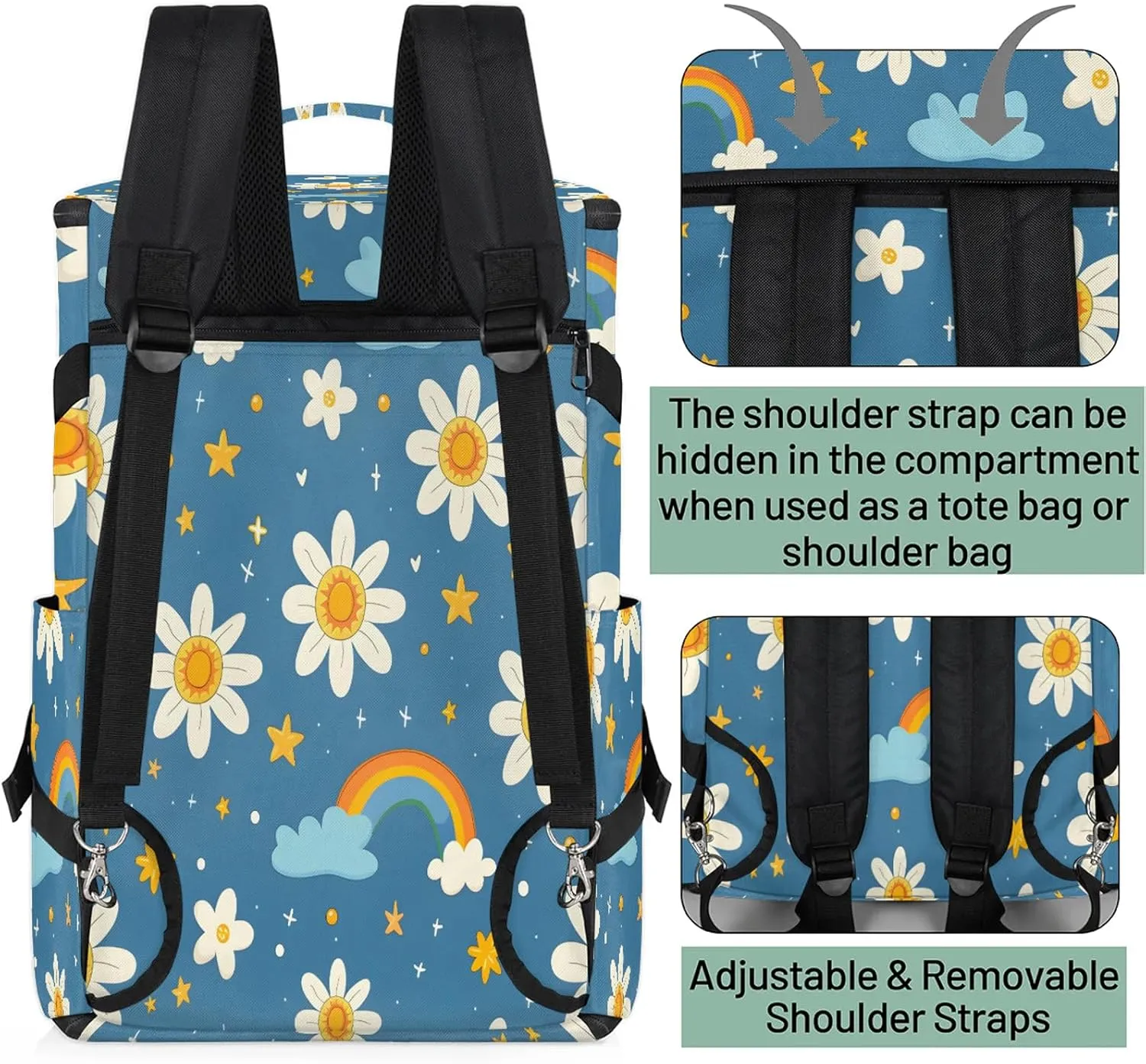 White Daisy Floral Gym Bags for Men Women Flower Rainbow with Blue Sports Backpack with Shoe Compartment 3-in-1 Tactical Duffle Bag for Overnight Weekender Travel