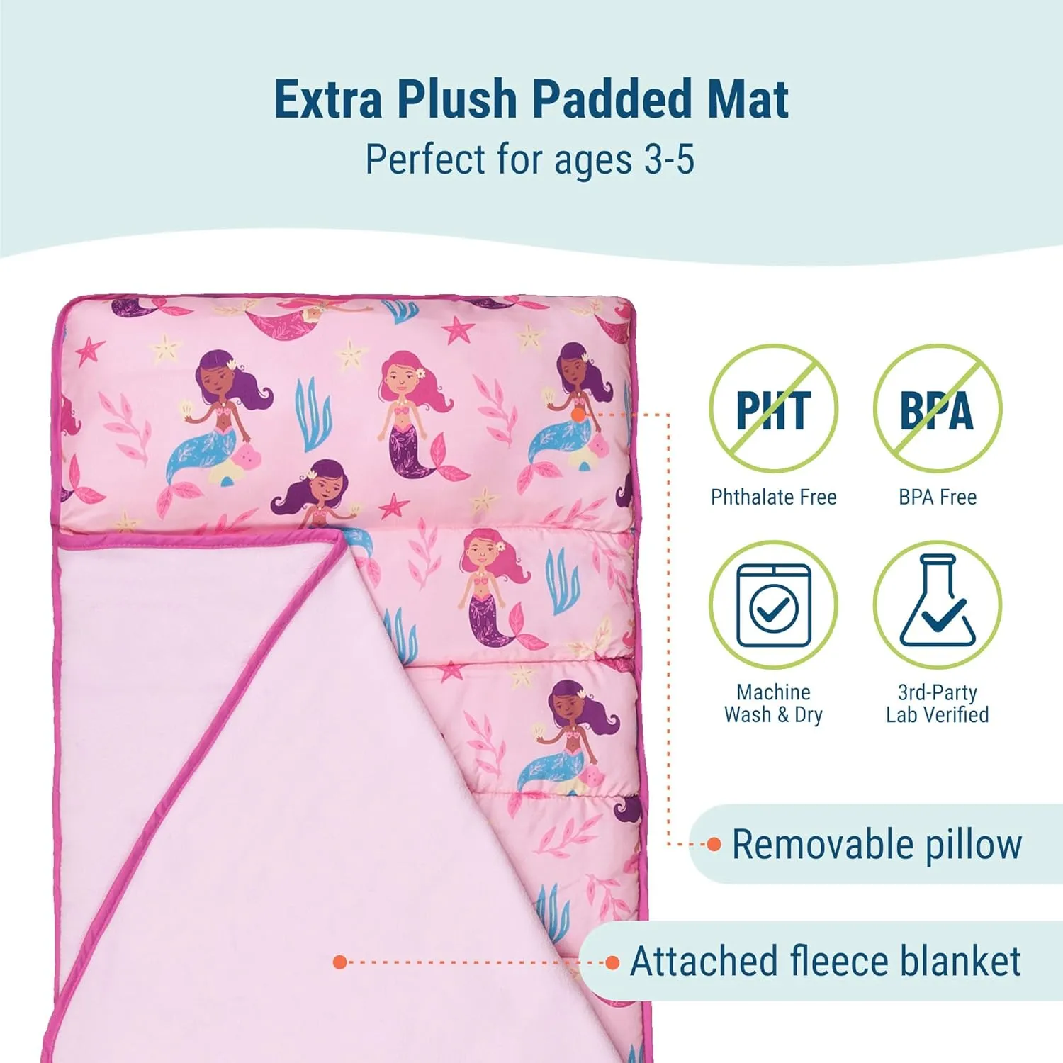 Wildkin 43-inch Kids Nap Mat – Soft Microfiber Toddler Sleeping Mat with Pillow