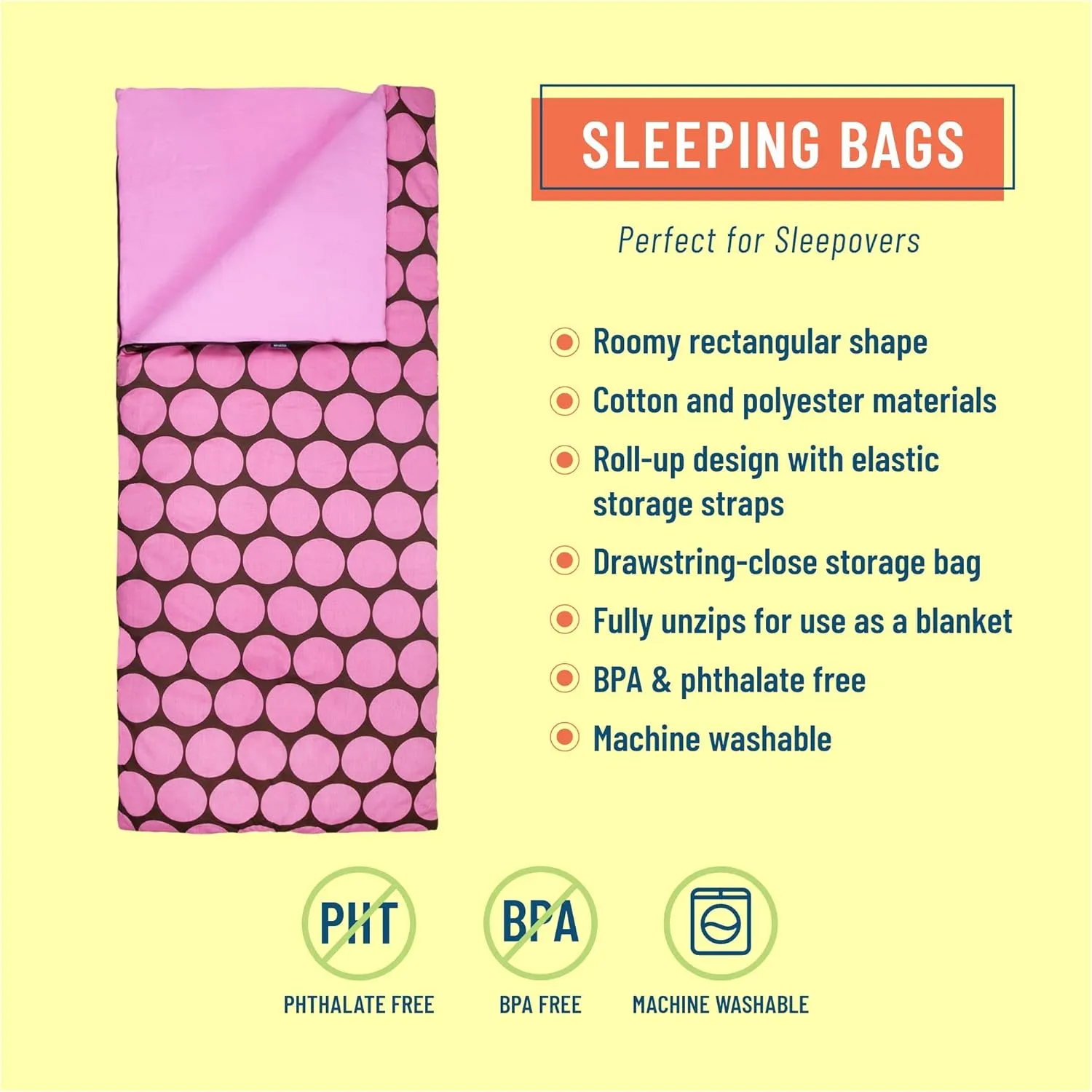 Wildkin Kids Sleeping Bags for Boys & Girls, Measures 57 x 30 x 1.5 Inches, Cotton Blend Materials Sleeping Bag for Kids, Ideal for Parties, Camping & Overnight Travel (Big Dot Pink)