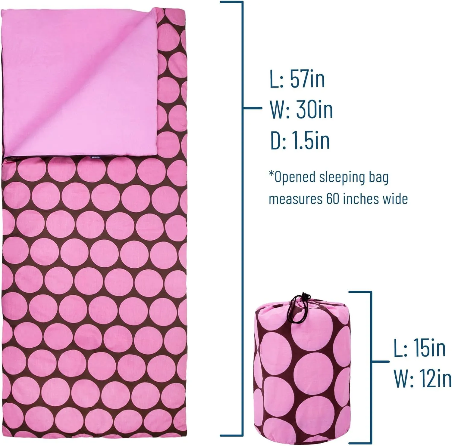 Wildkin Kids Sleeping Bags for Boys & Girls, Measures 57 x 30 x 1.5 Inches, Cotton Blend Materials Sleeping Bag for Kids, Ideal for Parties, Camping & Overnight Travel (Big Dot Pink)