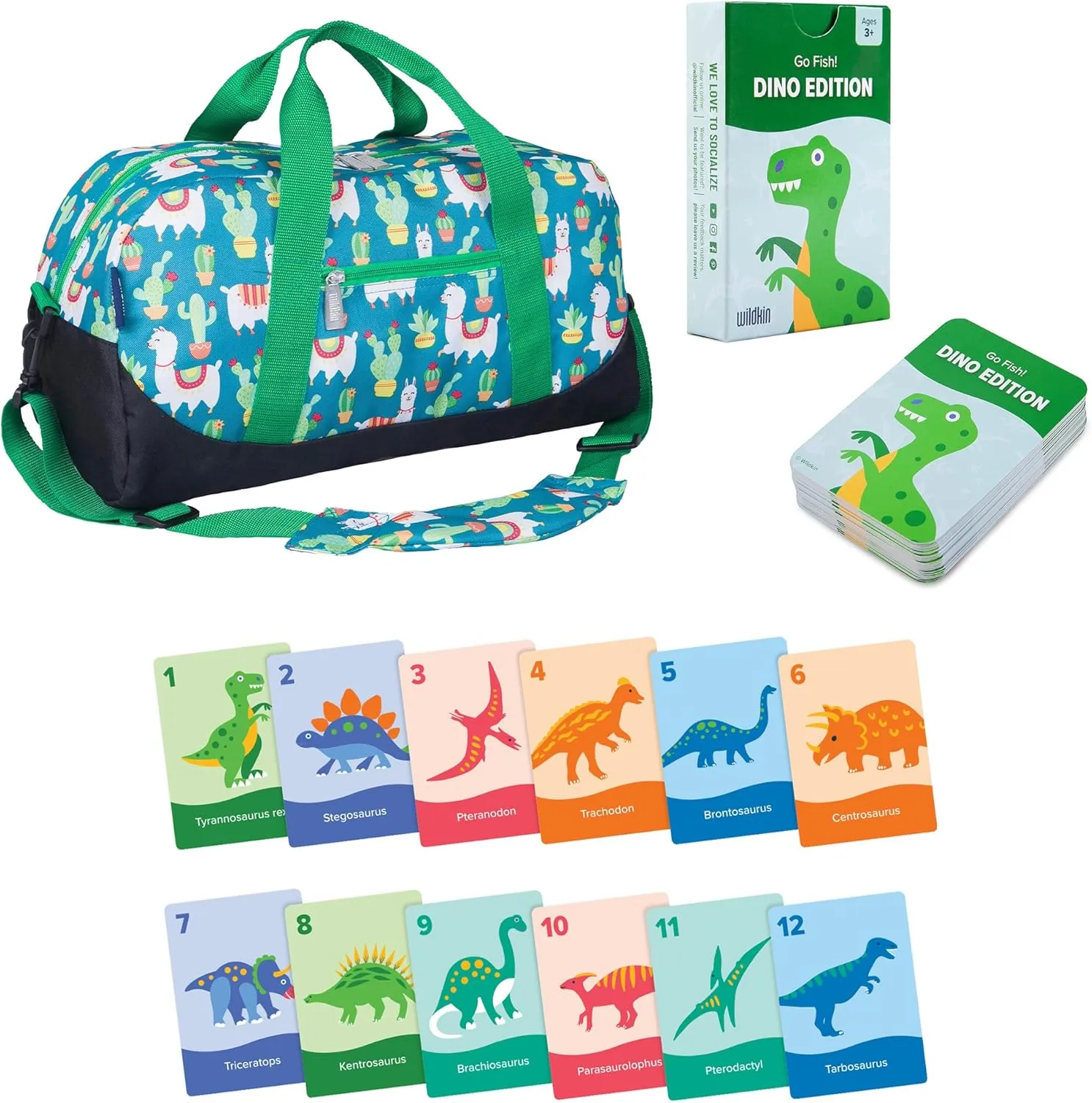 Wildkin Overnighter Duffel Bag and Go Fish! Card Game Bundle: Dive into Fun - Playful Adventures Packed and Ready to Go (Llamas and Cactus Green)