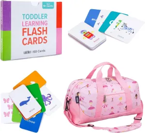 Wildkin Overnighter Duffel Bag and Learning Flash Cards Bundle: Fun Playtime Duo - Ignite Knowledge and Carry Comfort in One (Ballerina)