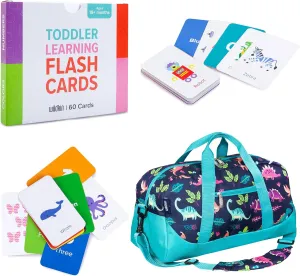 Wildkin Overnighter Duffel Bag and Learning Flash Cards Bundle: Fun Playtime Duo - Ignite Knowledge and Carry Comfort in One (Darling Dinosaurs)